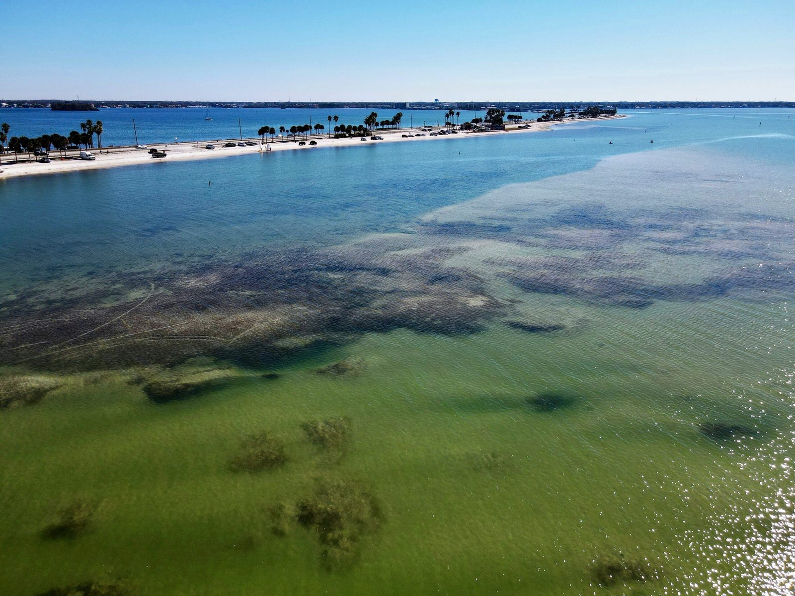 a body of water with a beach in the background