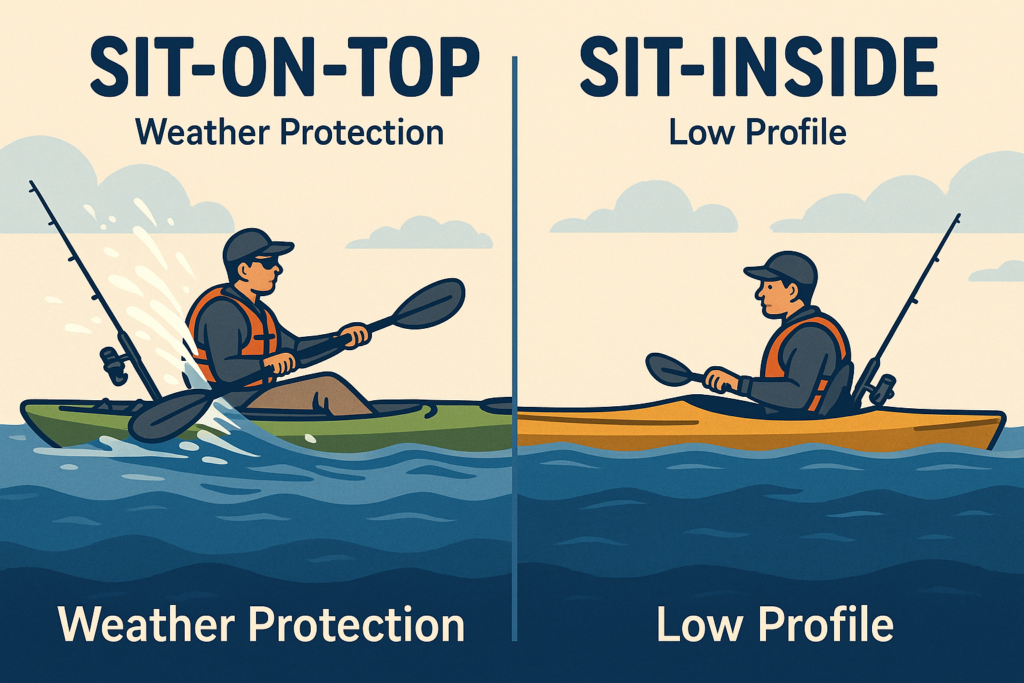 Side-by-side comparison of sit inside vs sit-on-top fishing kayak highlighting weather protection and low profile