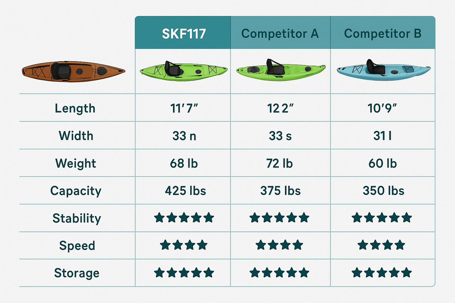 Create a 1536x1024 landscape infographic comparing kayak spe
