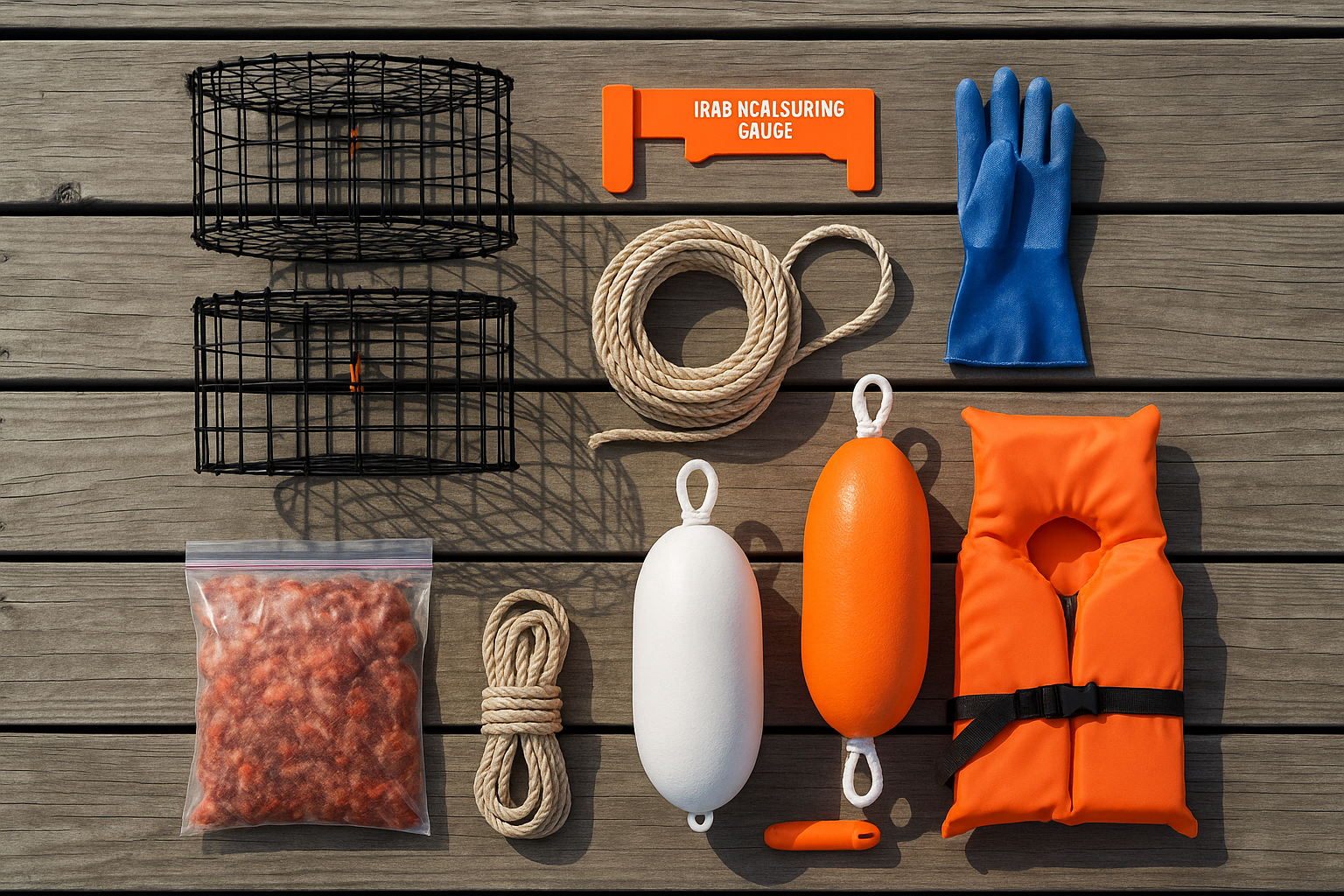 Square 1024x1024 image showing essential kayak crab fishing