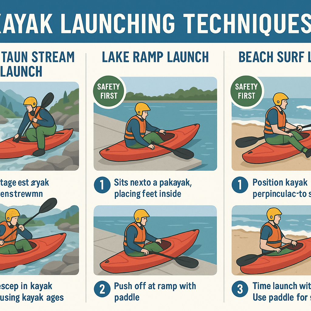 Create an image showing proper kayak launching techniques f