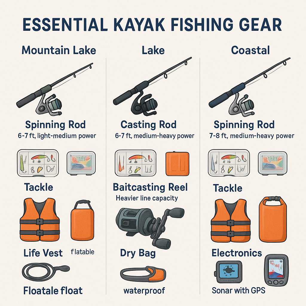Create a visual guide showing essential kayak fishing gear