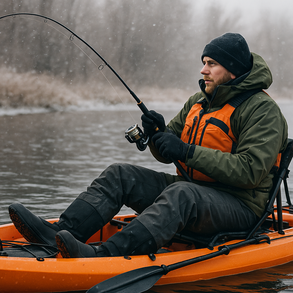 Action shot in 1536x1024 landscape format of a kayak angler