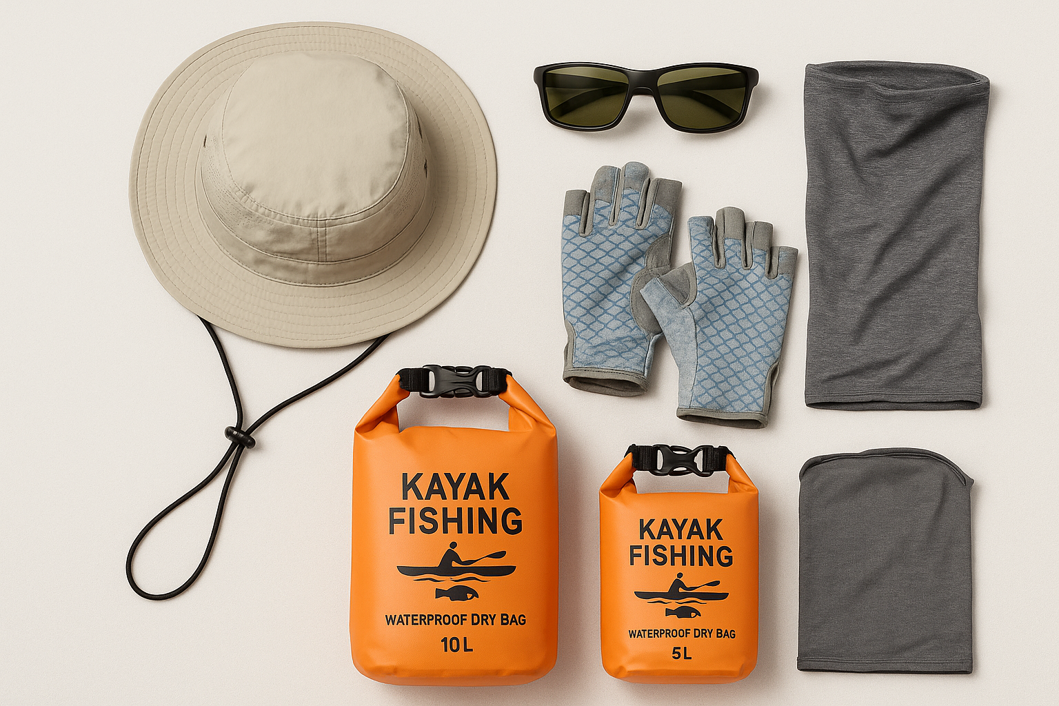 Kayak fishing accessories layout in 1024x1024 square format