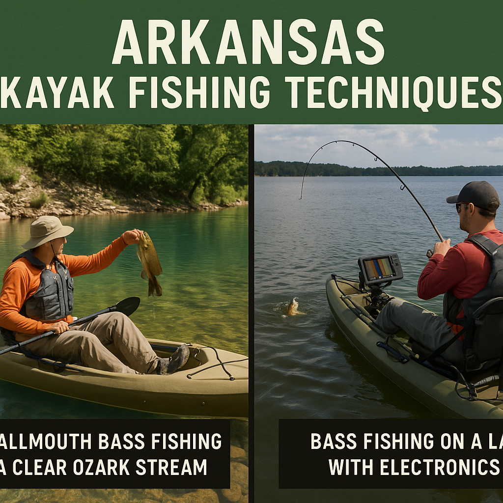  Split image showing Arkansas kayak fishing techniques - lef